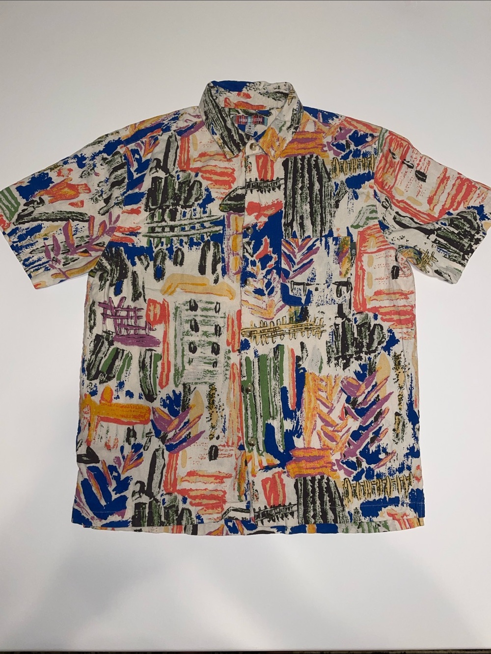 Urban Outfitters Linen Multicolor Abstract Short Sleeve Button-Down Shirt - Sz M
